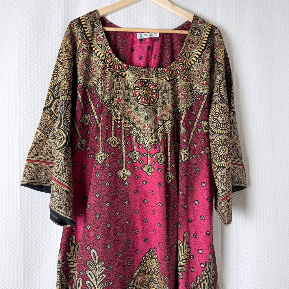 Lapogee Tunic Dress Women 2X Burgundy Gold Boho Mandala Ruffle Hem Bell Sleeve - Picture 3 of 10